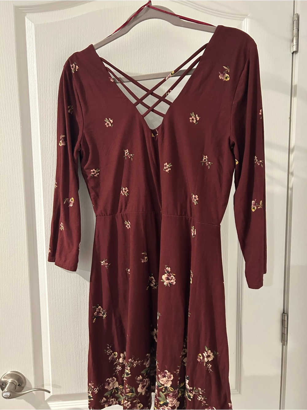 nine britton Burgundy Floral Long Sleeve Dress with Crisscross V-Neck